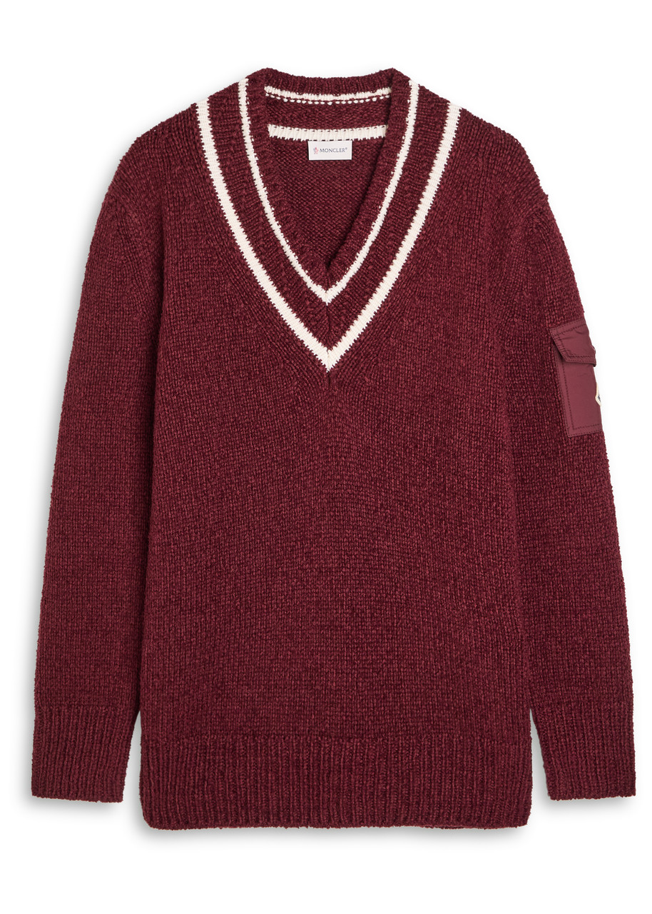 Moncler Burgundy Padded V-neck Sweater In Burgundy