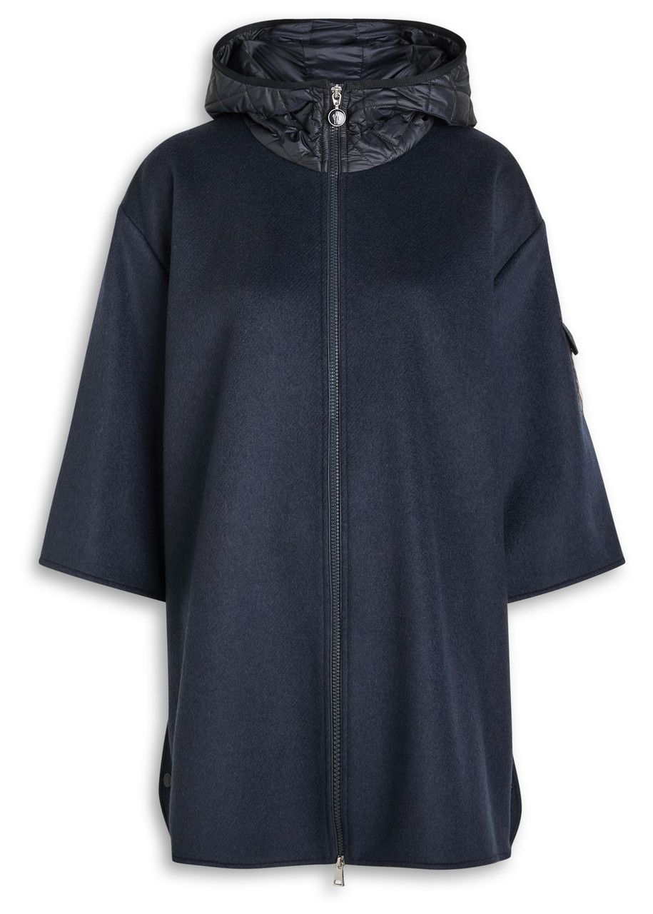 Moncler Hooded Shell And Wool-blend Cape Coat In Blue