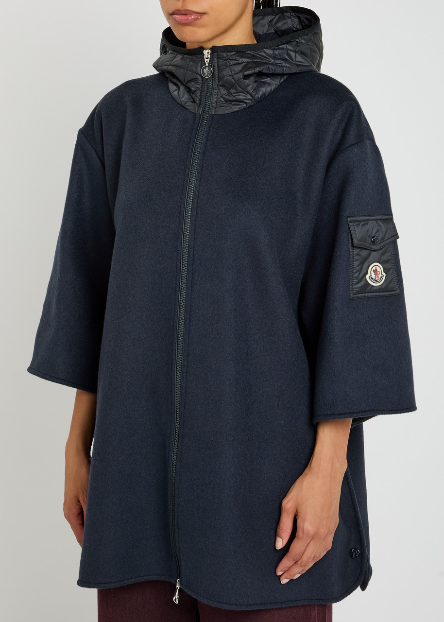 Moncler Hooded Shell And Wool-blend Cape Coat In Blue