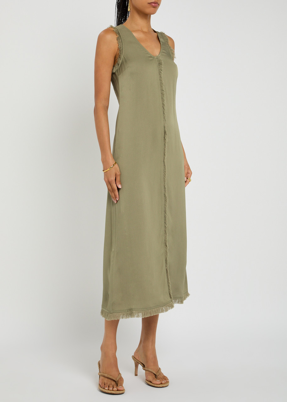 Day Birger Et Mikkelsen Dasha Fringe-trimmed Crepe Midi Dress In Green