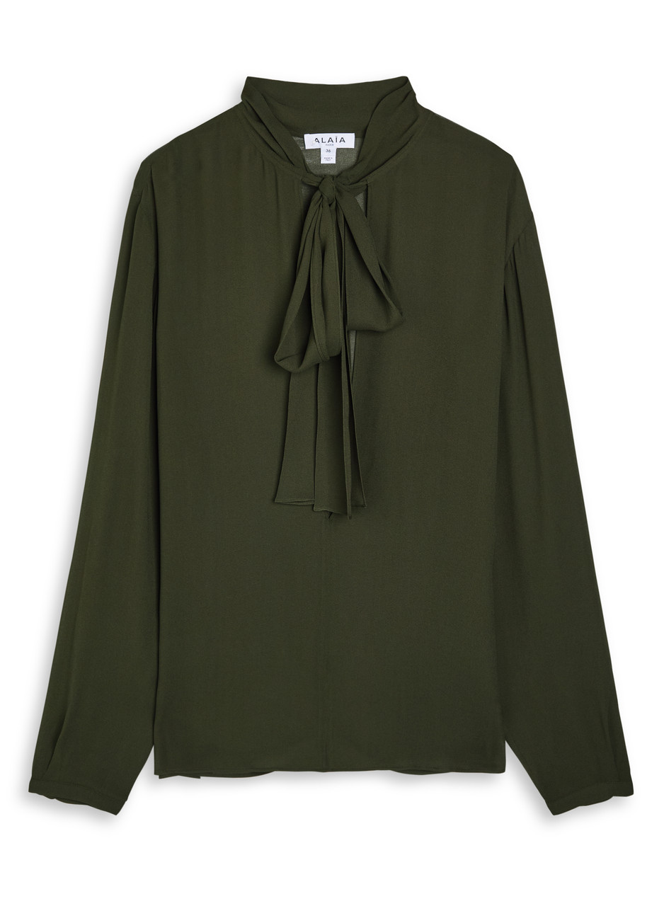 Alaïa Scarf Semi-sheer Chiffon Blouse - Olive - 40 (UK12 / M)