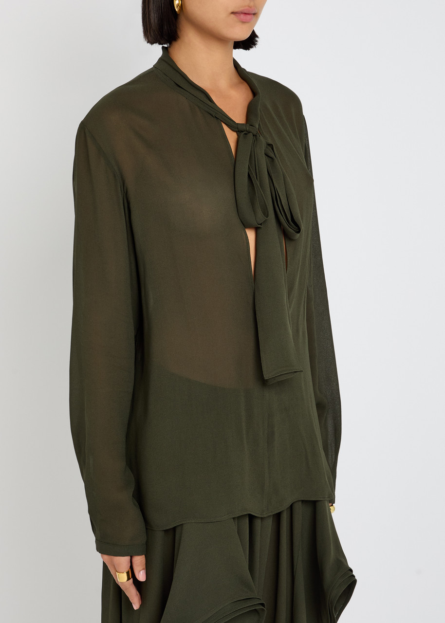 Alaïa Scarf Semi-sheer Chiffon Blouse – Olive – 40 (UK12 / M)