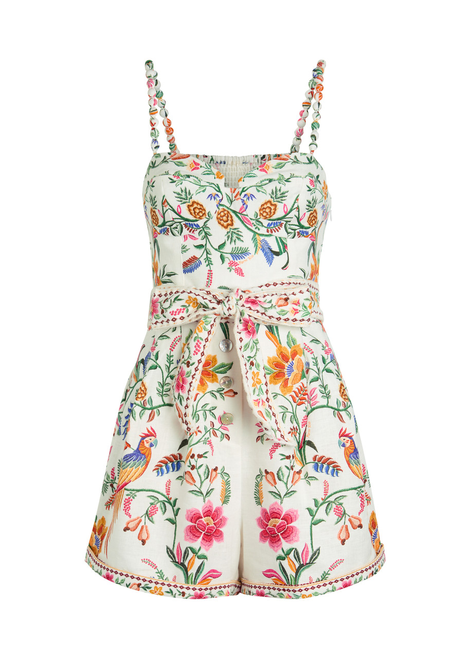 Farm Rio Delicate Forest Printed Linen Romper - White - XS (UK6 / XS)
