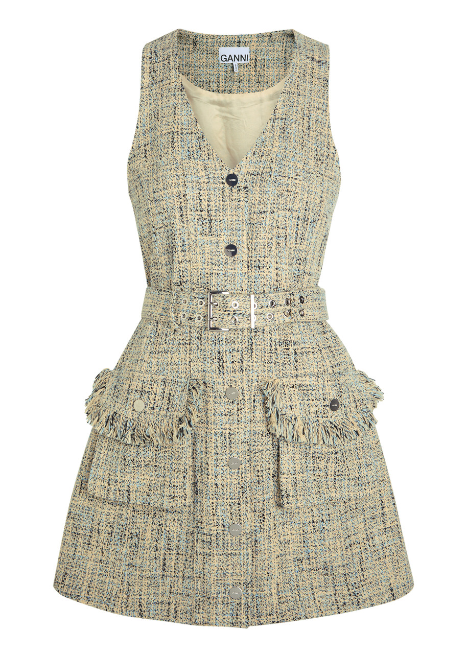 Ganni Belted Tweed Mini Dress - Blue