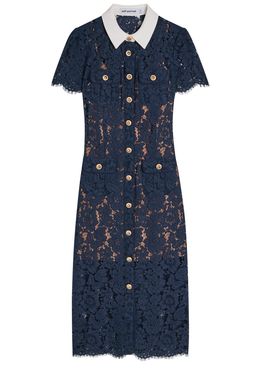 Self-portrait Guipure Lace Midi Shirt Dress - Navy - 12 (UK12 / M)