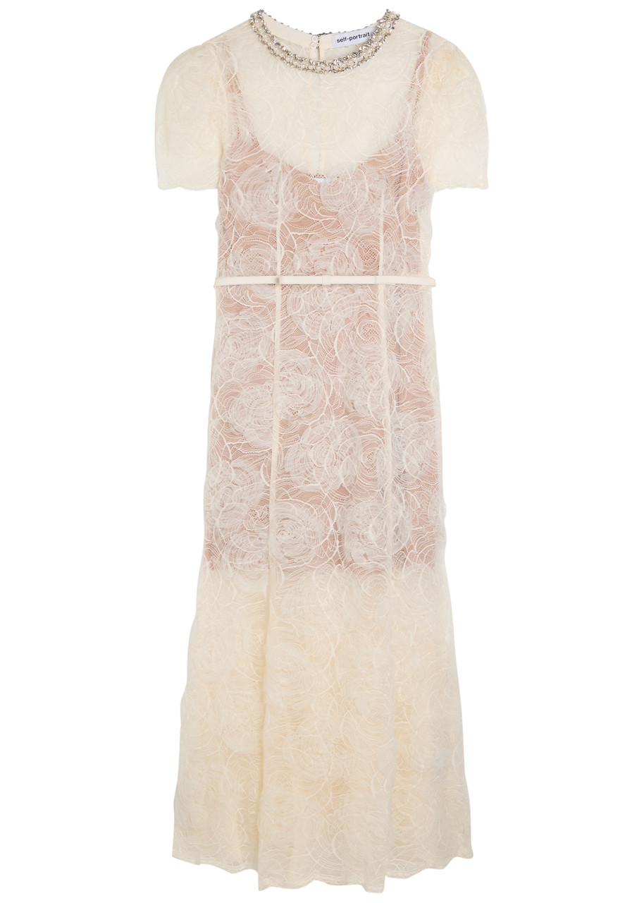 Self-portrait Belted Floral Tulle and Lace Midi Dress - Cream - 16 (UK16 / XL)