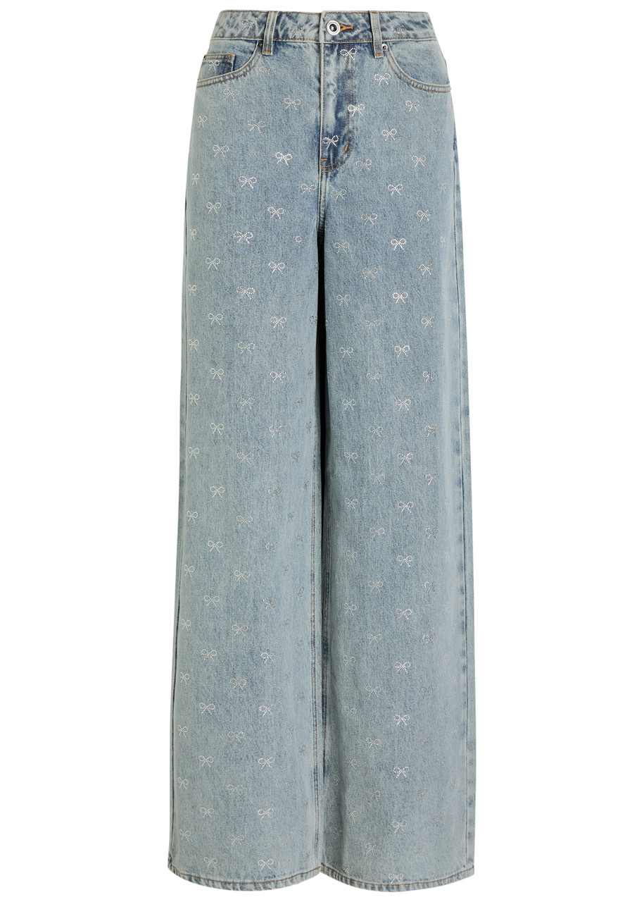 Self-portrait Bow-embellished Wide-leg Jeans - Denim - 28 (W28 / UK10 / S)