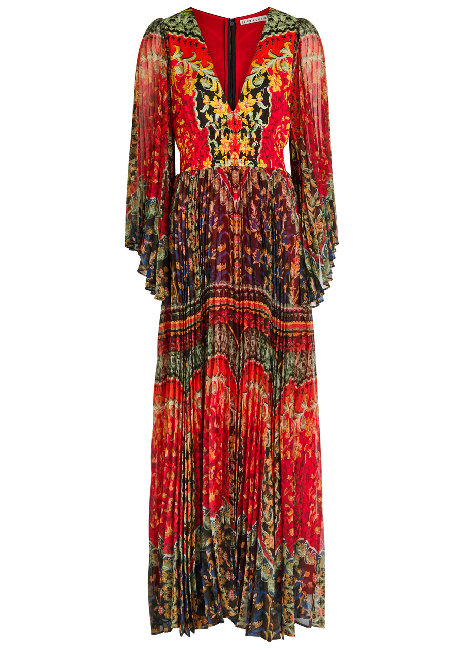 Alice + Olivia Bennett Floral-print Pleated Chiffon Maxi Dress - Red