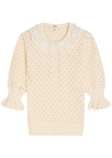 CHLOE Lace-embellished pointelle-knit top | Harvey Nichols