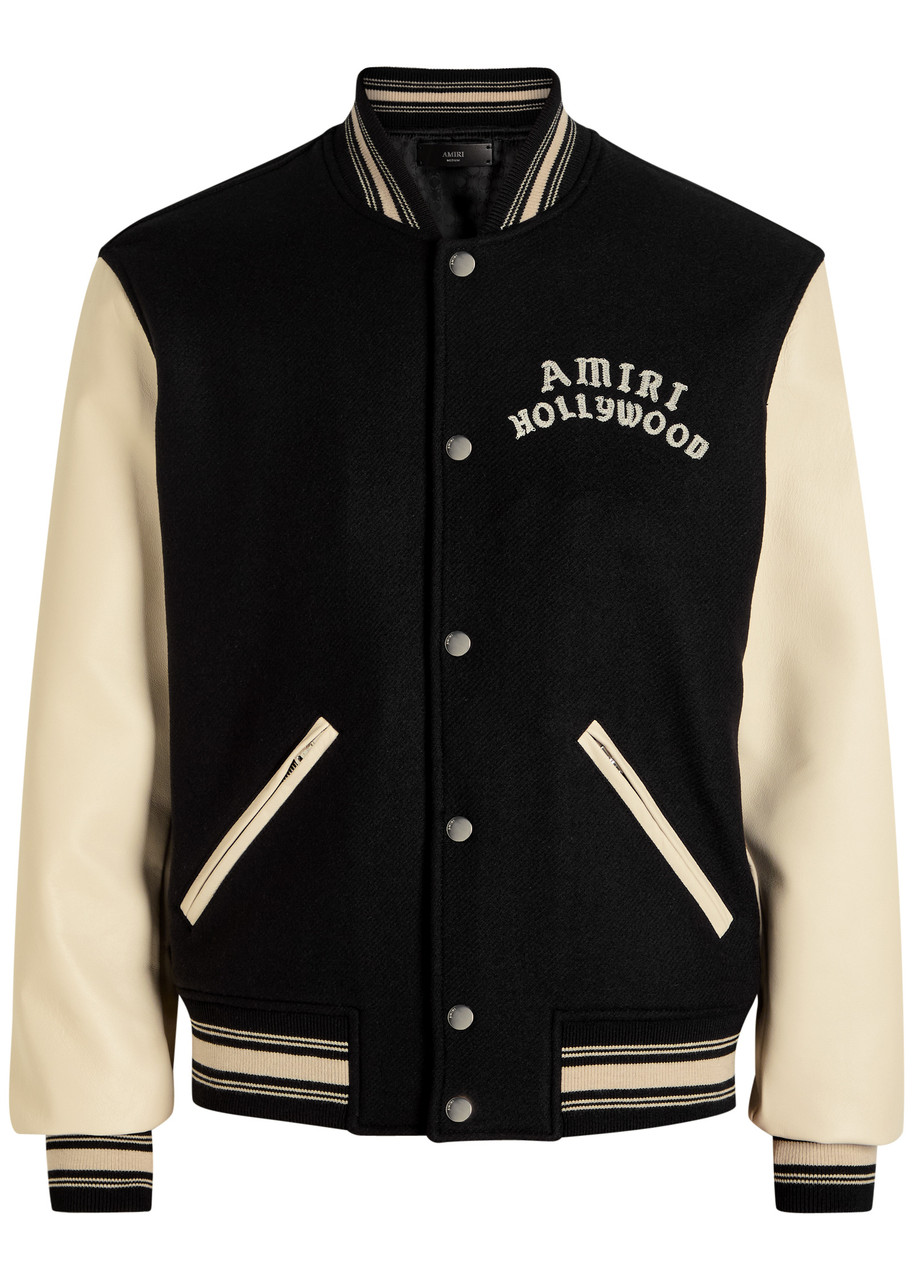 Amiri Hollywood Logo Wool and Leather Bomber Jacket - Black - S