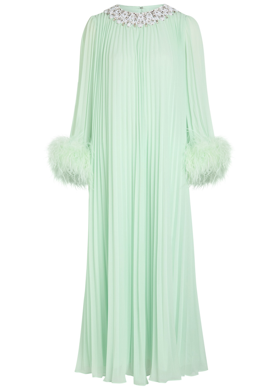Self-portrait Feather-embellished Pleated Gown - Green - 12 (UK12 / M)