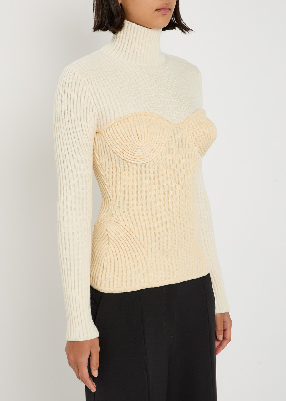 Jean Paul Gaultier Layered Ribbed Wool-blend Top In Beige