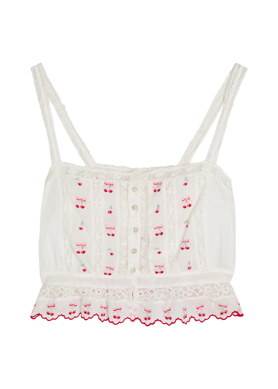 Loveshackfancy Vietta Cherry Embroidered Lace Cotton Crop Tank In Multi
