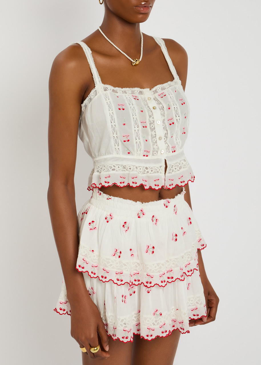 Loveshackfancy Vietta Cherry Embroidered Lace Cotton Crop Tank In Multi