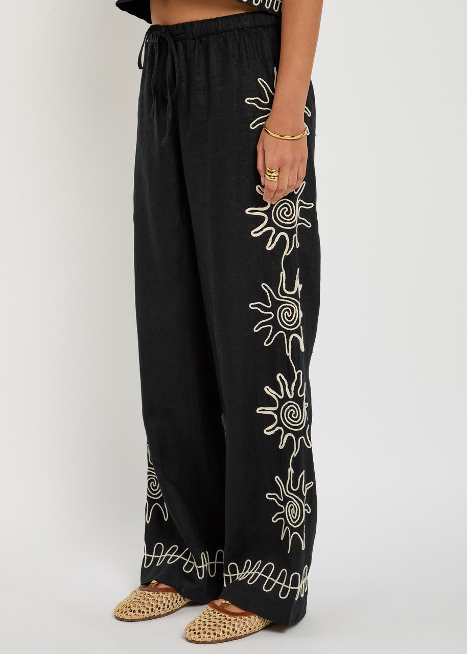 Rails X Lspace Emmie Embroidered Linen Trousers In Black