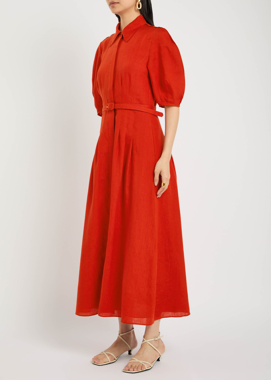 Gabriela Hearst Maude Pleated Midi Shirtdress In Antelope Orange Aloe Linen In Orange