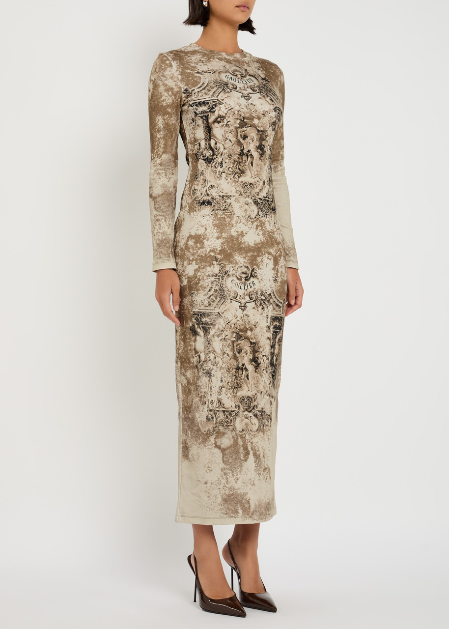Jean Paul Gaultier Printed Ribbed Stretch-cotton Midi Dress In Multi