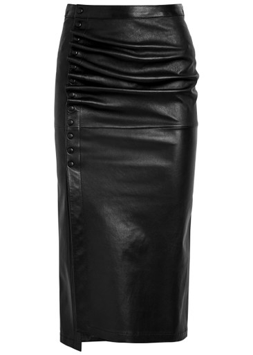 RABANNE: Ruched leather midi skirt