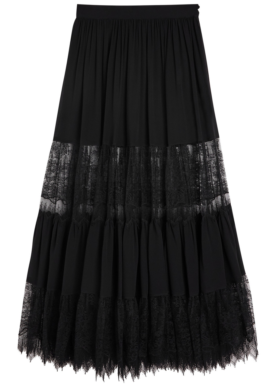 Chloé Chloe Lace-embellished Silk-chiffon Maxi Skirt In Black