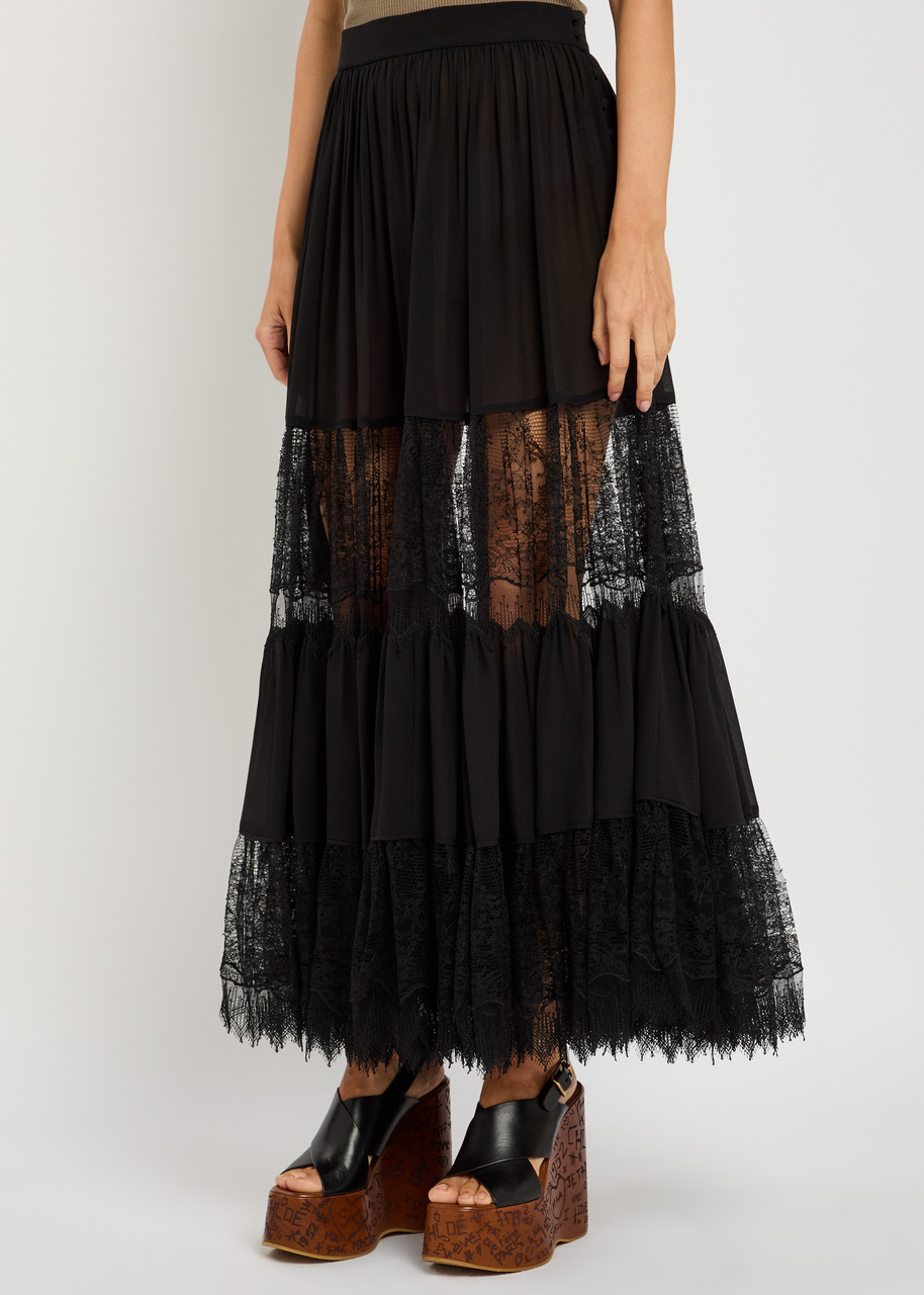 Chloé Chloe Lace-embellished Silk-chiffon Maxi Skirt In Black