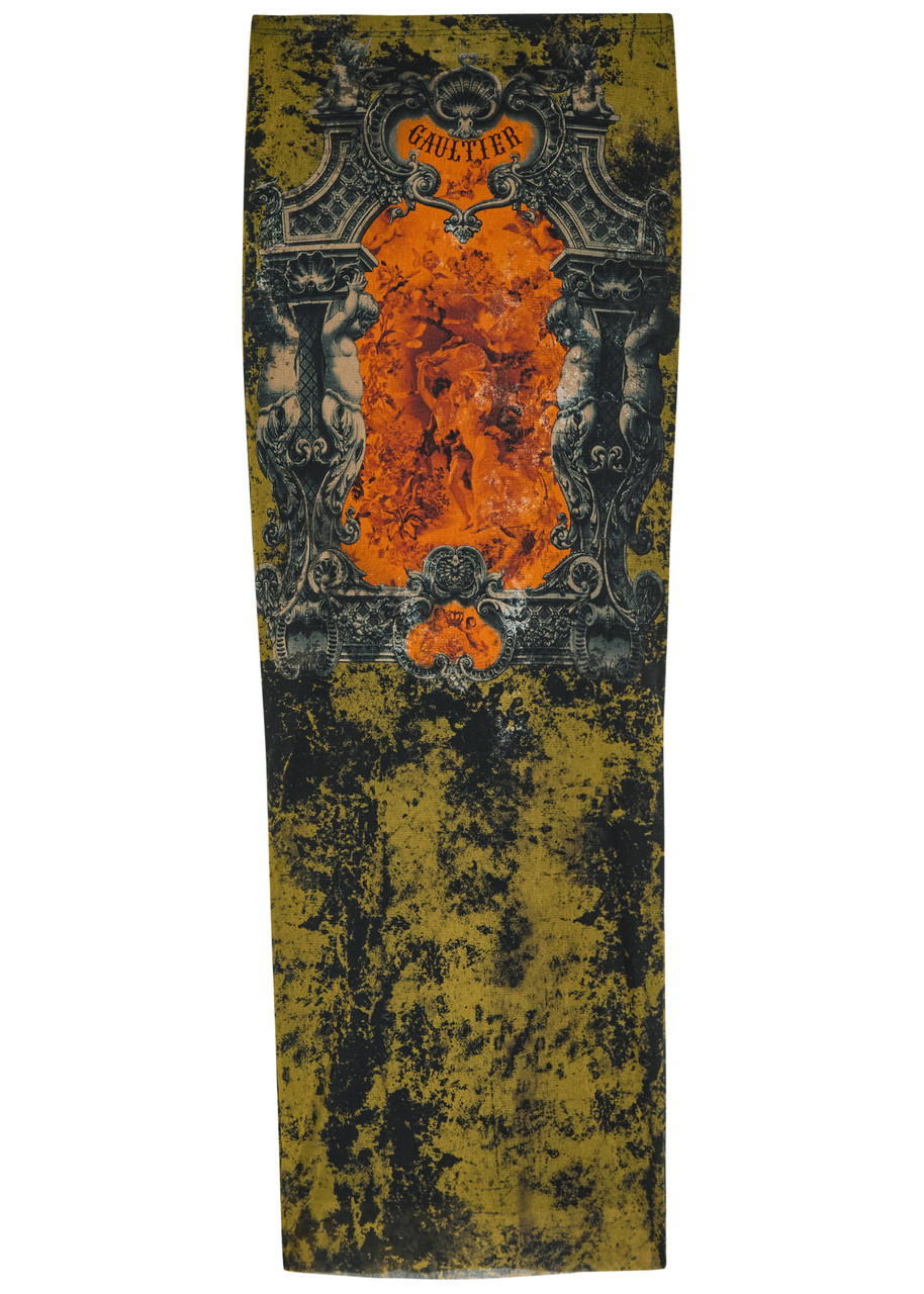 Jean Paul Gaultier Printed Mesh Midi Skirt In Multi