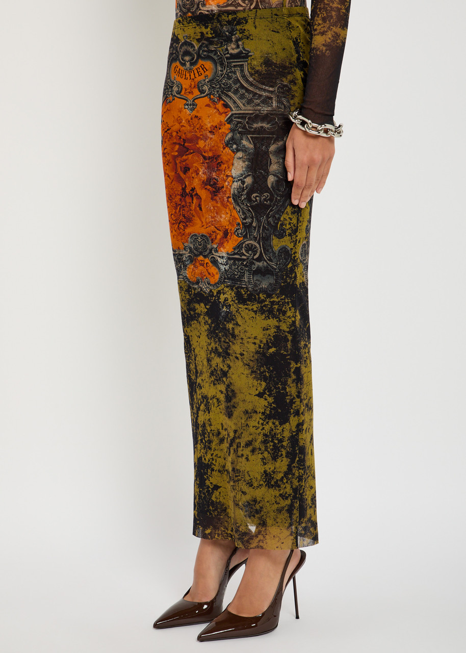 Jean Paul Gaultier Printed Mesh Midi Skirt In Multi
