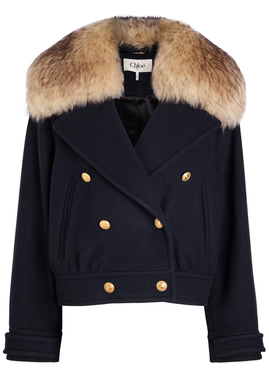Chloé Crop Double Breasted Coat With Genuine Shearling Collar In Navy