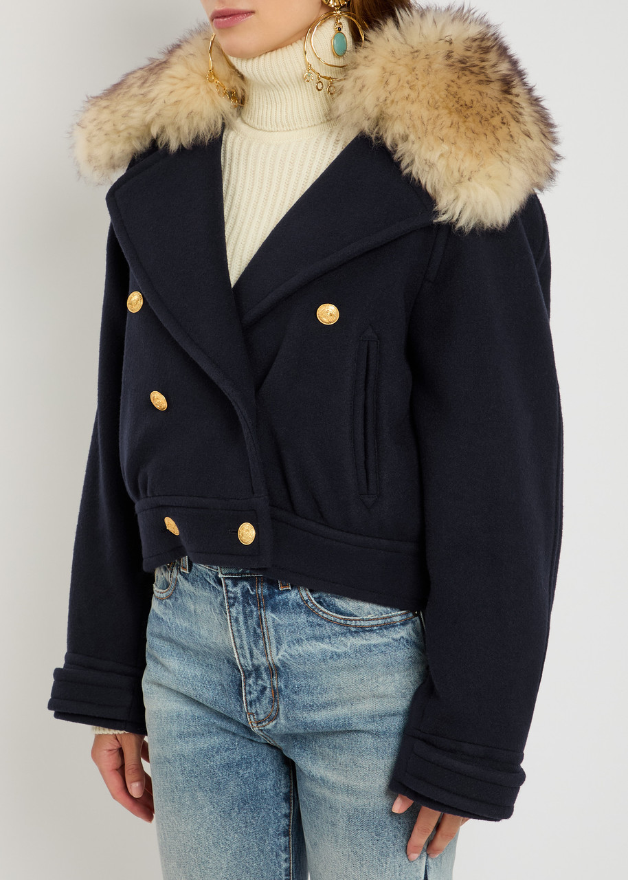 Chloé Crop Double Breasted Coat With Genuine Shearling Collar In Navy