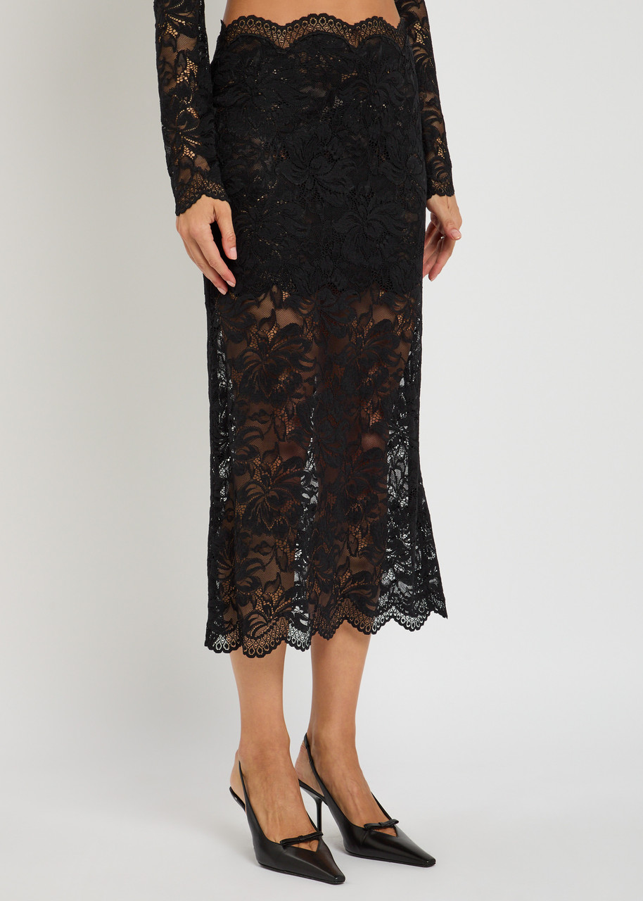 Rabanne Floral Stretch-guipure Lace Midi Skirt In Black