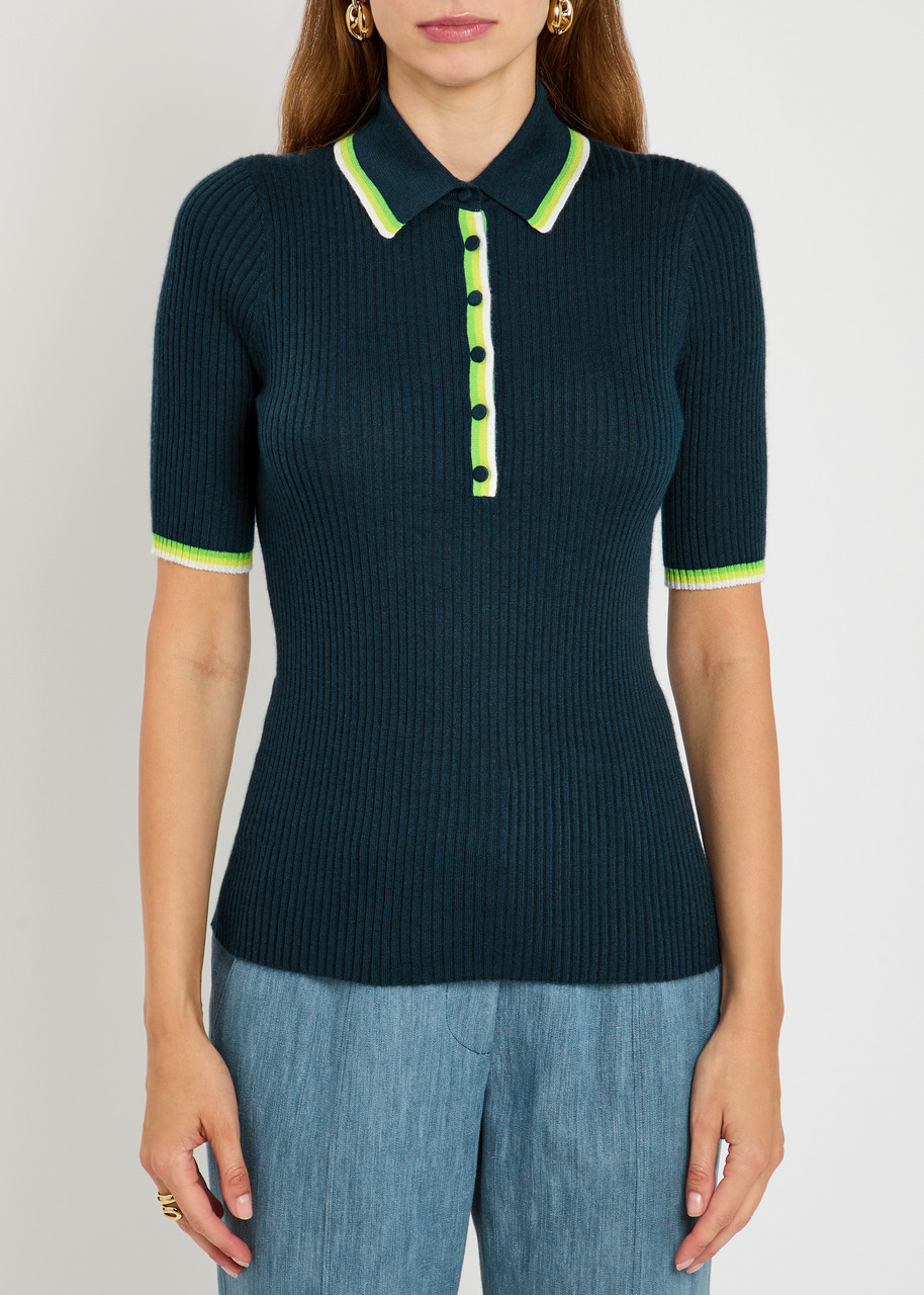 Gabriela Hearst Perro Ribbed Cashmere And Silk-blend Polo Shirt In Blue