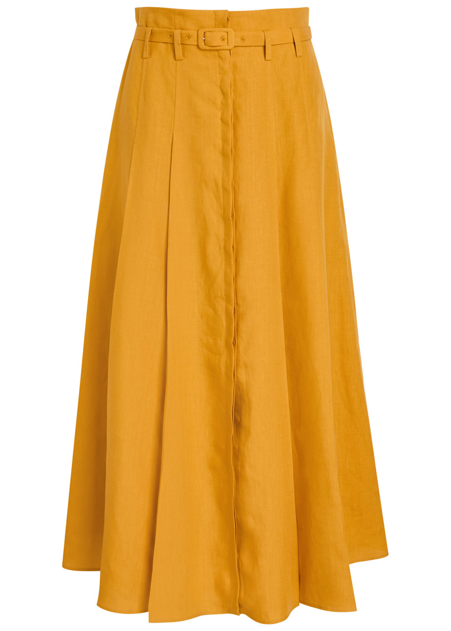Gabriela Hearst Dugald Pleated Midi Skirt In Golden Birch Aloe Linen In Orange