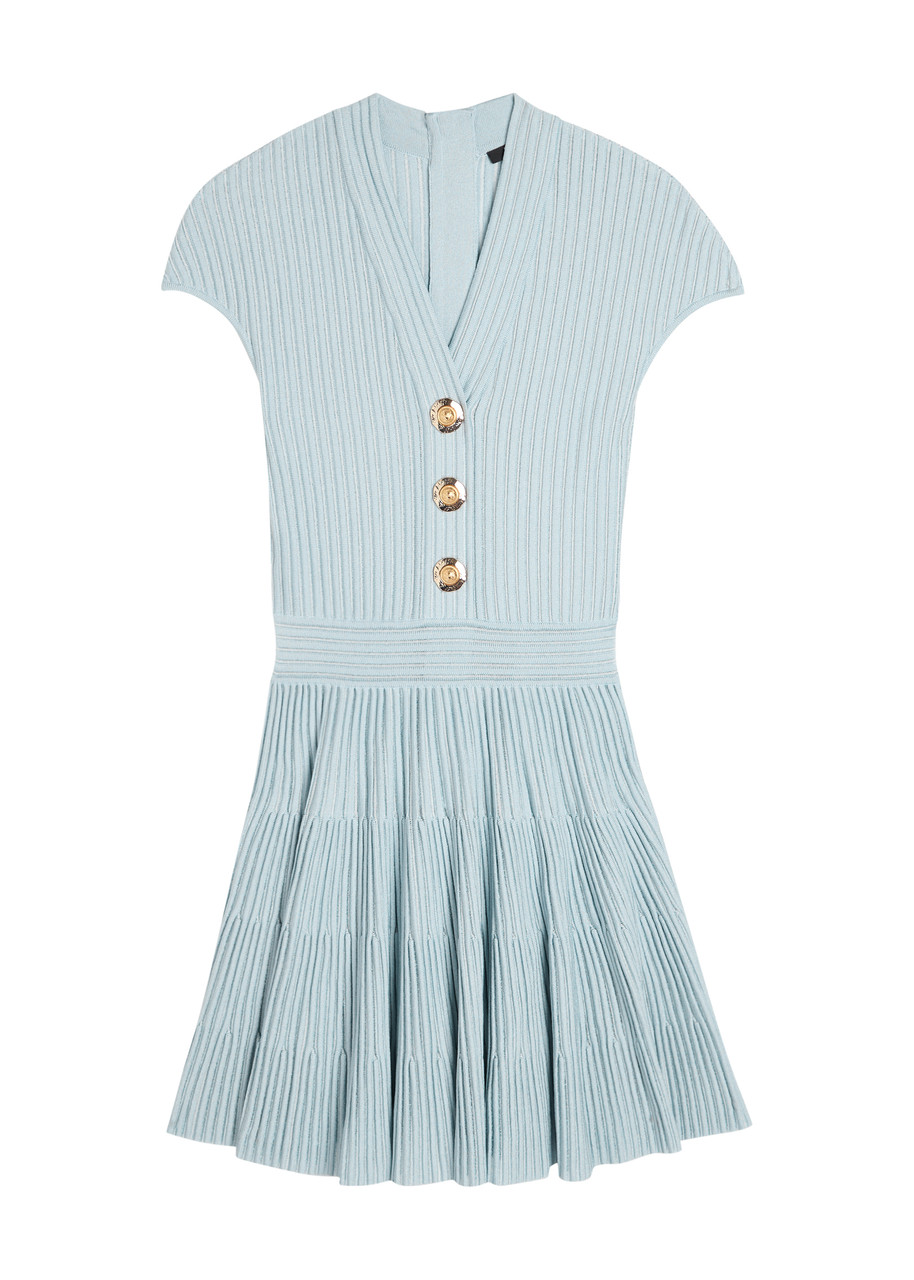 Balmain Short-sleeve Flechage Knit Flare Mini Dress In Multi