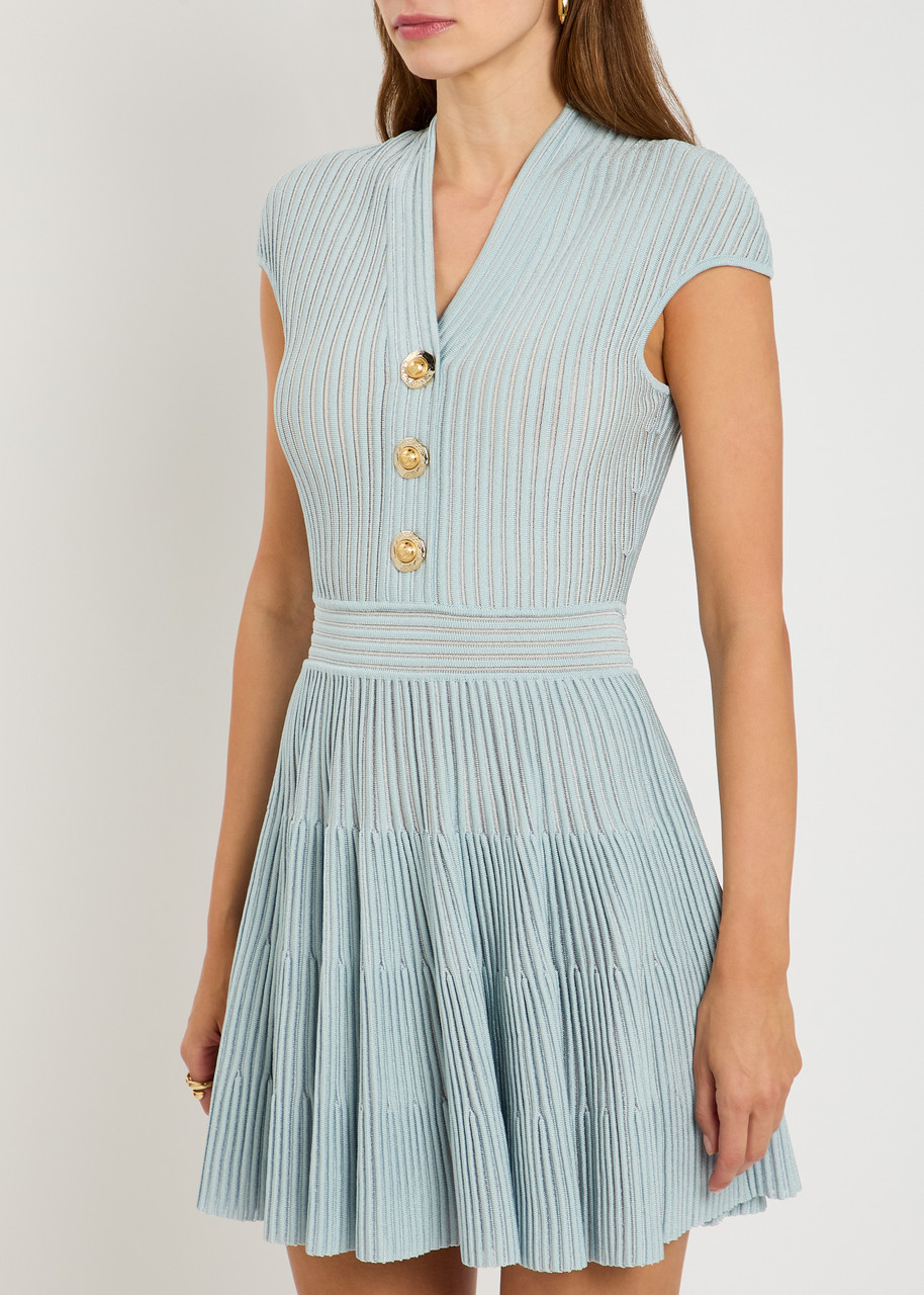 Balmain Short-sleeve Flechage Knit Flare Mini Dress In Multi