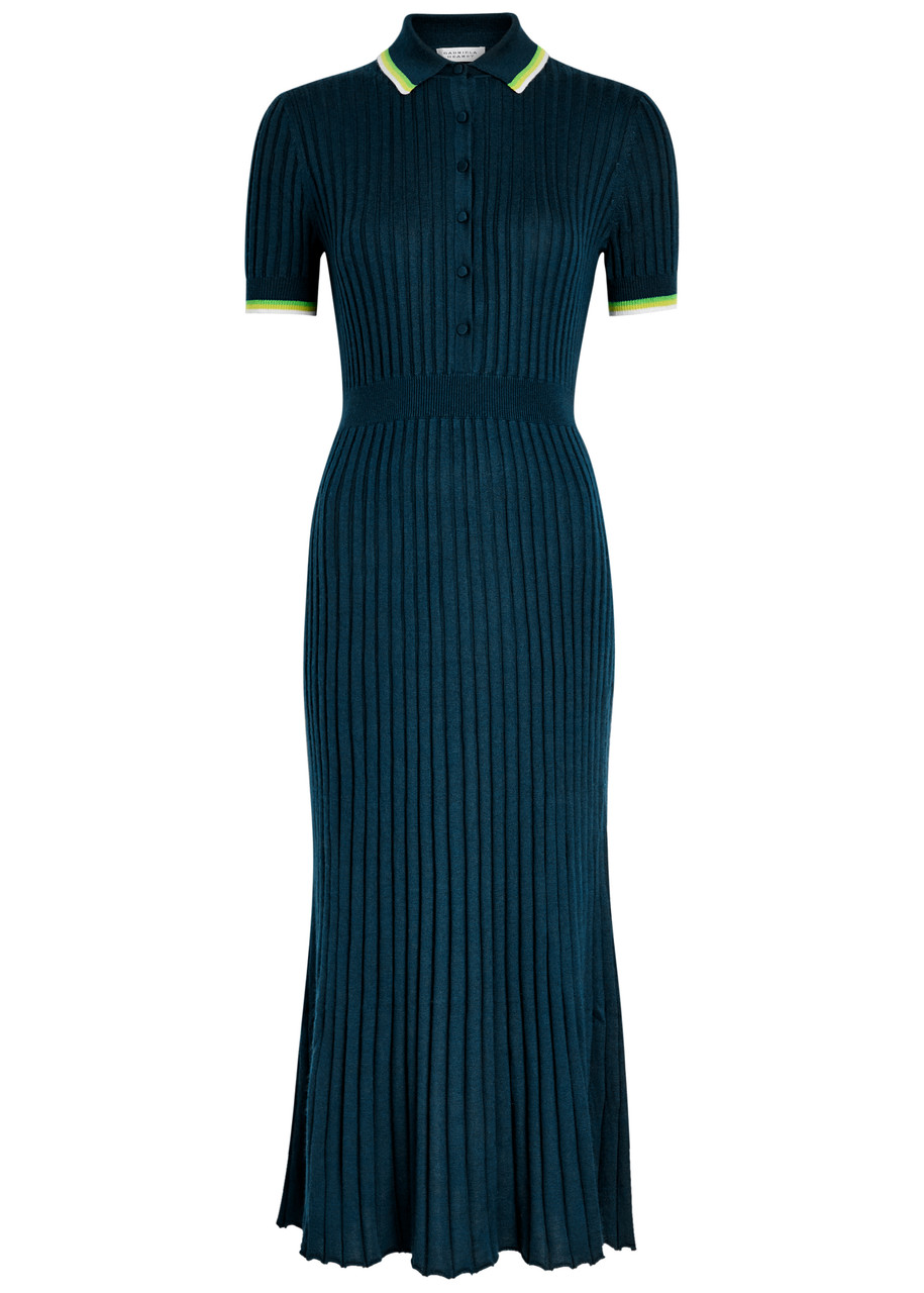 Gabriela Hearst Eyot Ribbed Silk And Cashmere-blend Midi Shirt Dress In Blue