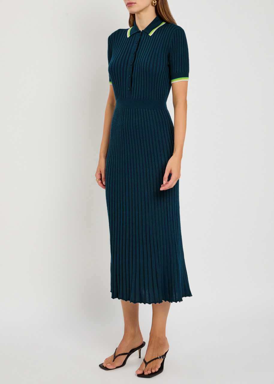 Gabriela Hearst Eyot Ribbed Silk And Cashmere-blend Midi Shirt Dress In Blue