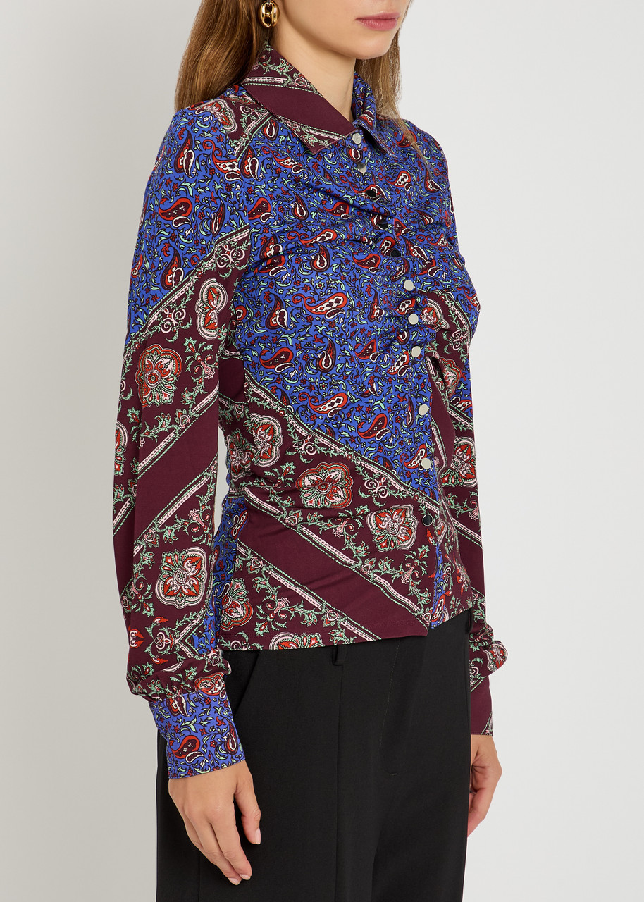 Rabanne Paisley Patchwork Ruched Button-front Shirt In Blue