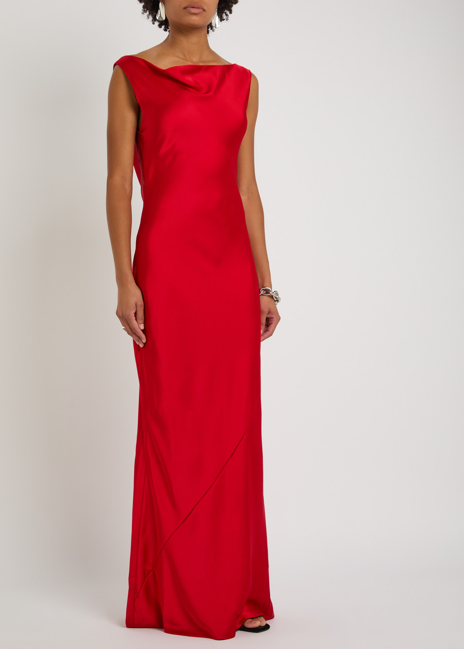 Norma Kamali Sleeveless Low Back Drape Satin Gown In Red