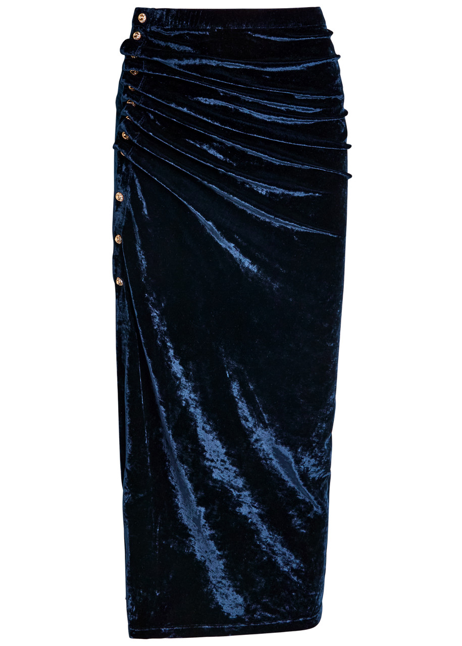 Rabanne Asymmetric Buttoned Velvet Midi Skirt In Blue