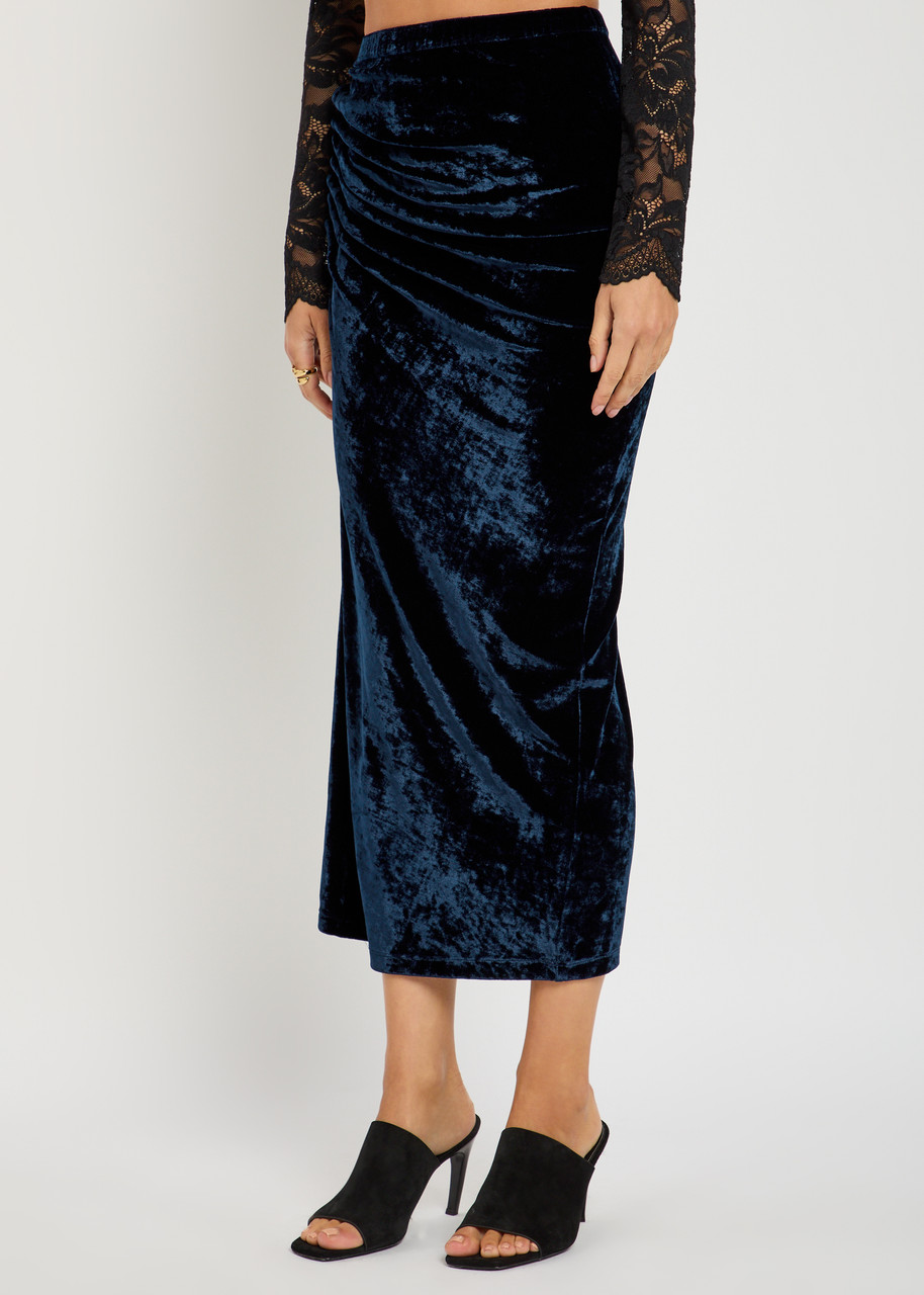 Rabanne Asymmetric Buttoned Velvet Midi Skirt In Blue