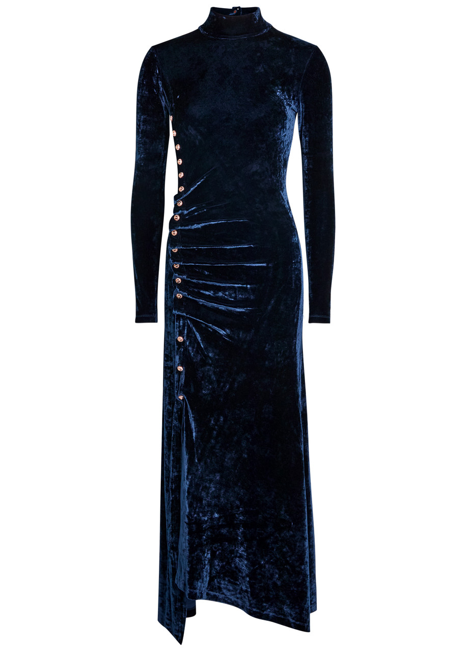 Rabanne Womens Velvet High-neck Stretch-woven Midi Dress Navy Poseidon In Blue