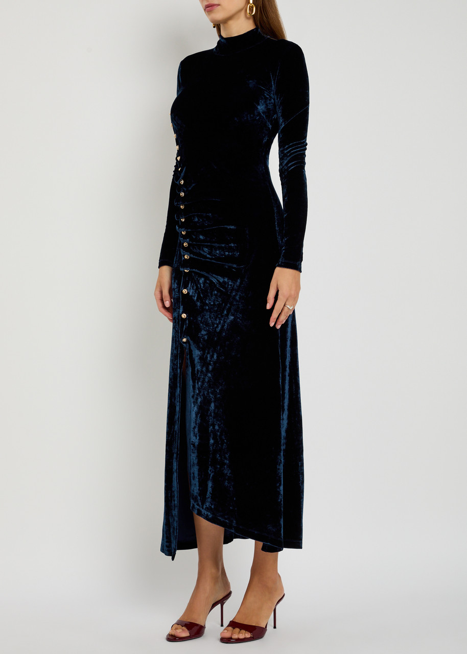 Rabanne Womens Velvet High-neck Stretch-woven Midi Dress Navy Poseidon In Blue