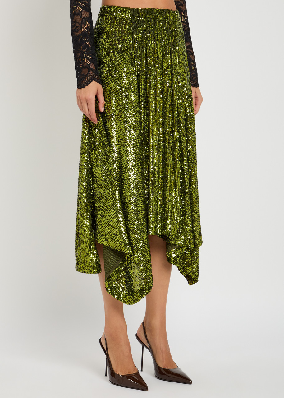 Rabanne Asymmetric Sequined Midi Skirt In Green