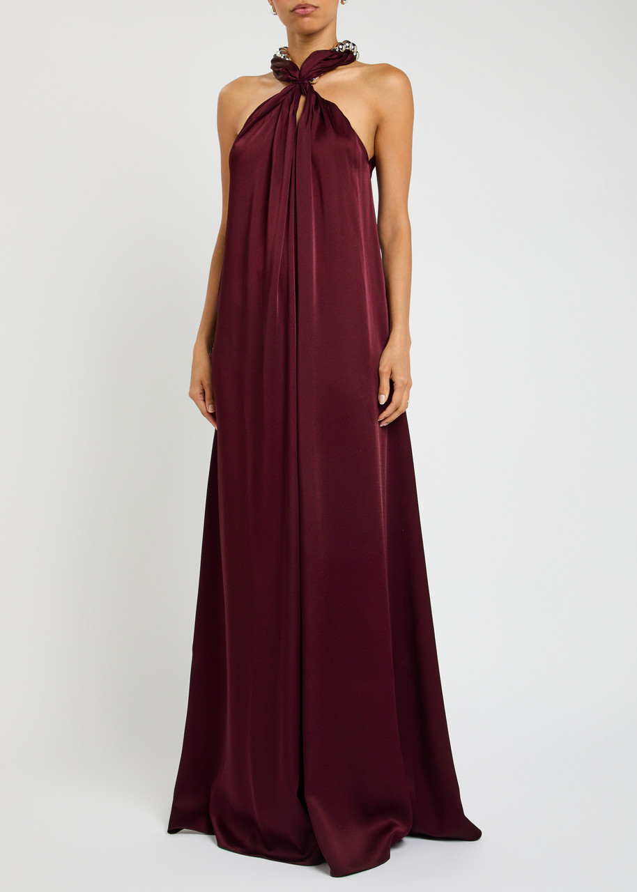 Stella Mccartney Chain-embellished Satin-crepe Gown In Burgundy