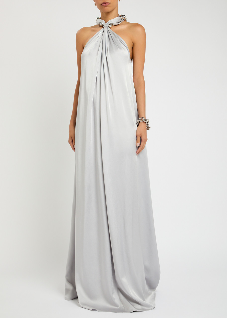 Stella Mccartney Chain-embellished Satin-crepe Gown In Gray