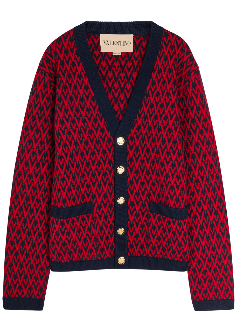 Valentino Garavani Patterned-intarsia Wool Cardigan In Red
