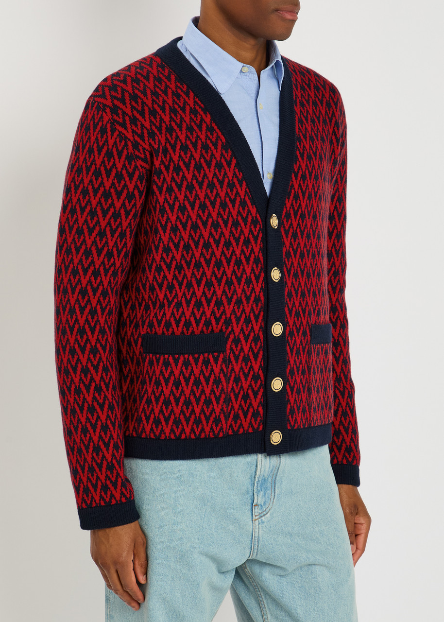 Valentino Garavani Patterned-intarsia Wool Cardigan In Red