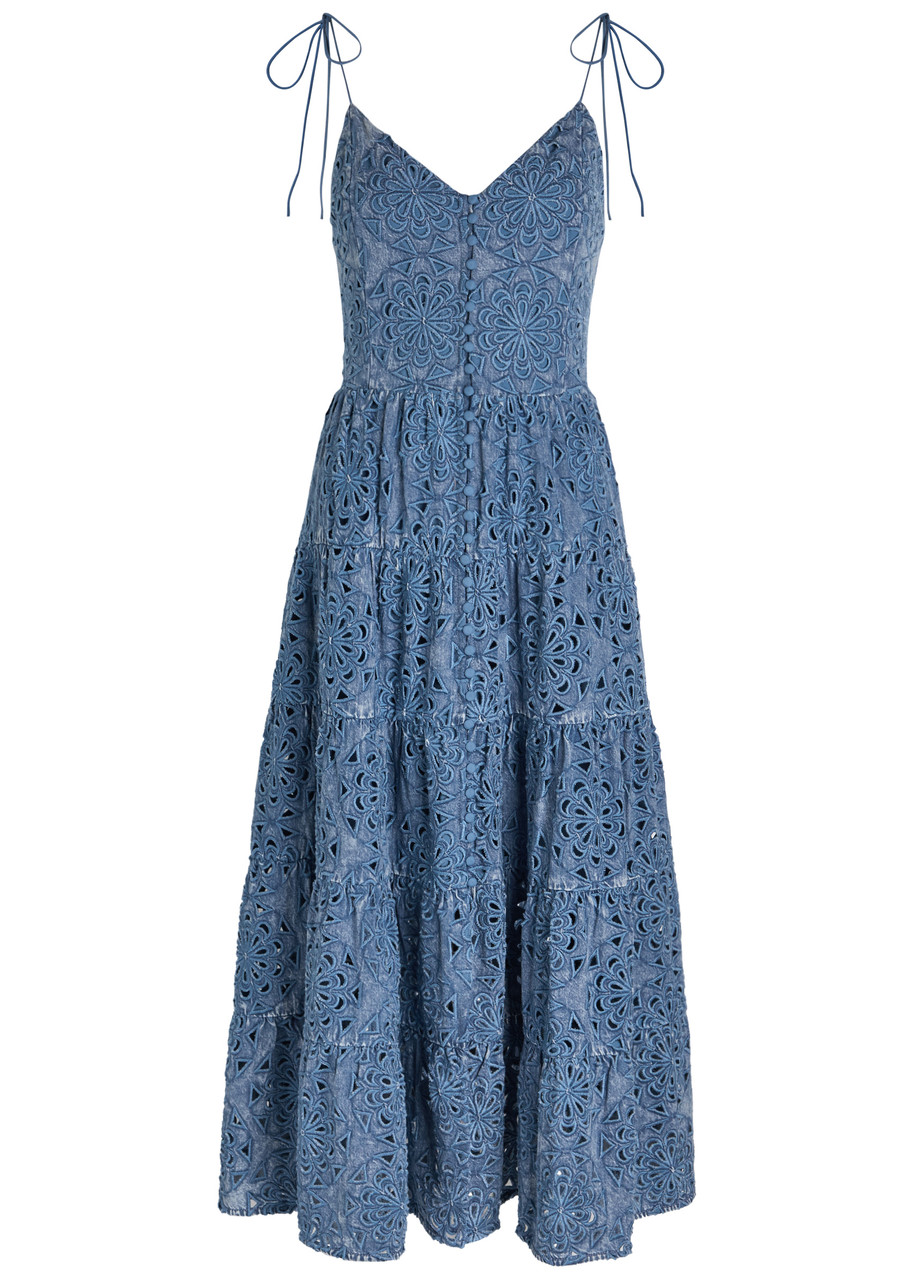 Alice And Olivia Alice + Olivia Shanti Embroidered Chambray Midi Dress In Blue