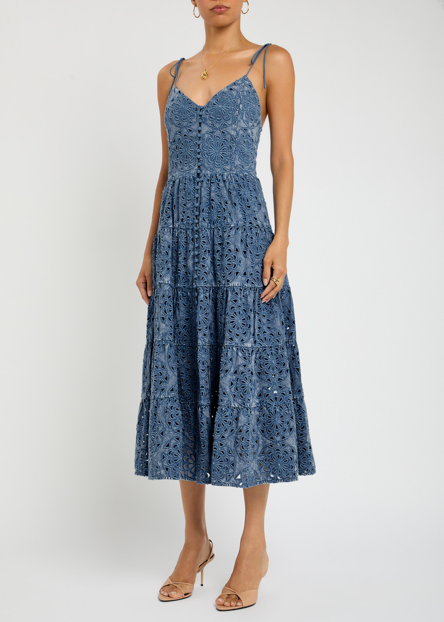 Alice And Olivia Alice + Olivia Shanti Embroidered Chambray Midi Dress In Blue