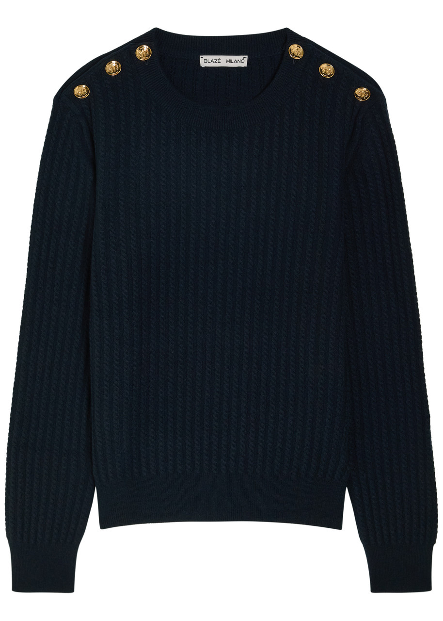Blazé Milano Highland Button-detailed Cable-knit Wool And Cashmere-blend Sweater In Blue
