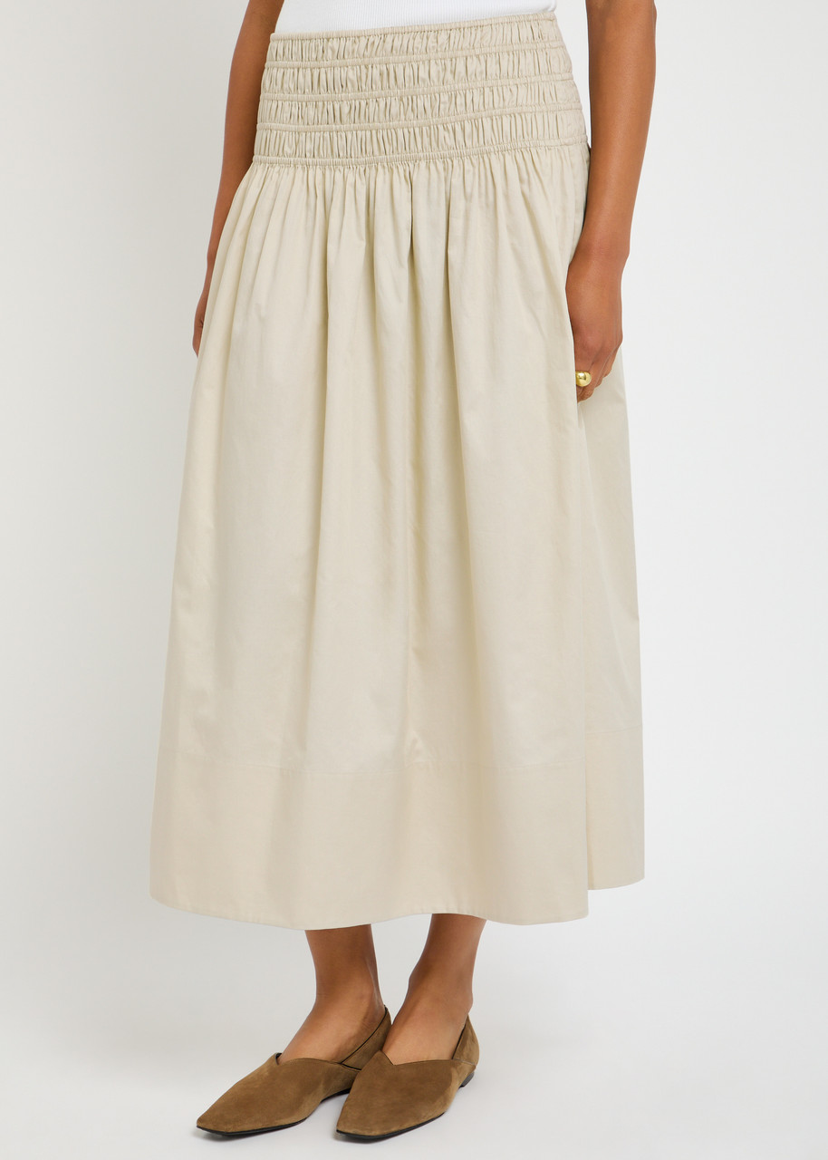 Joseph Womens Affogato Leonie Elasticated-waistband Cotton-sateen Midi Skirt In Neutral